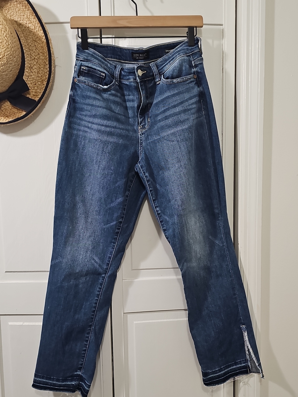 Judy Blue Medium Dark Blue Straight Leg Jeans with Side Split.